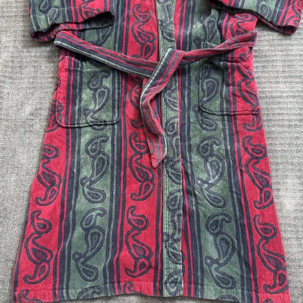 Vintage Turkish Cotton Blend Robe Knightsbridge OS Burgundy Green Paisley Belted - Picture 14 of 16